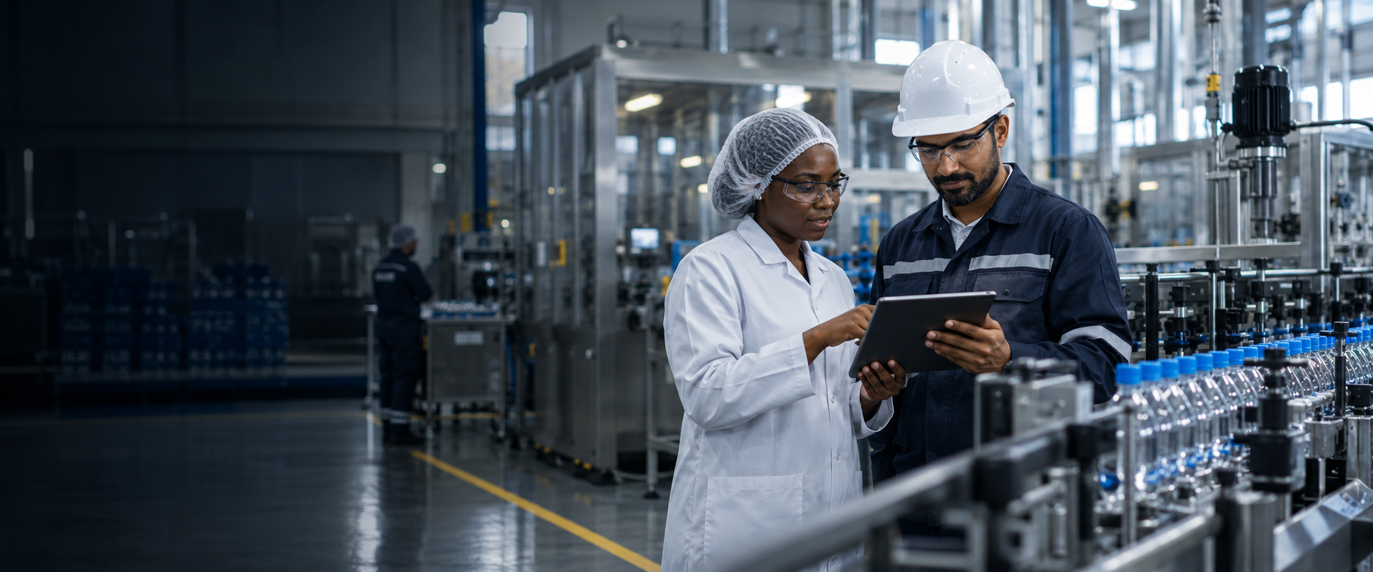 Quality and production professionals reviewing information in a manufacturing facility